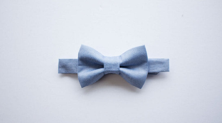 Dusty Blue Bow Tie Tan Leather Suspenders Set - Newborn To Adult Sizes