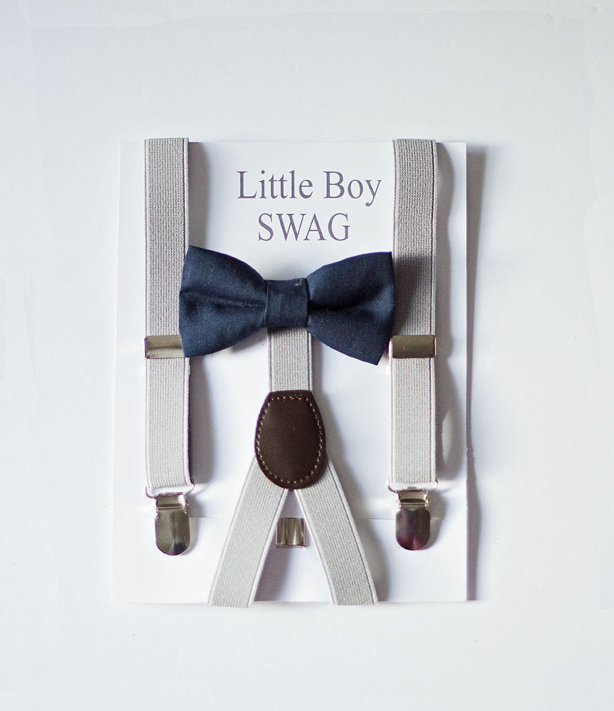 Navy Bow Tie Light Grey Suspenders Set - Toddler To Adult Sizes