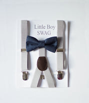 Navy Bow Tie Light Grey Suspenders Set - Toddler To Adult Sizes