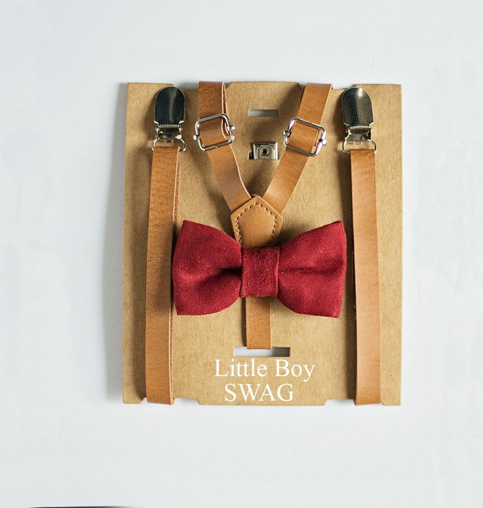 Tan Leather Suspenders Burgundy Bow Tie Set - Newborn To Adult Sizes