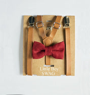 Tan Leather Suspenders Burgundy Bow Tie Set - Newborn To Adult Sizes