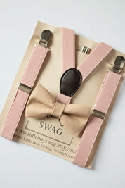 Blush Suspenders Tan Bow Tie Set - Toddler To Adult Sizes