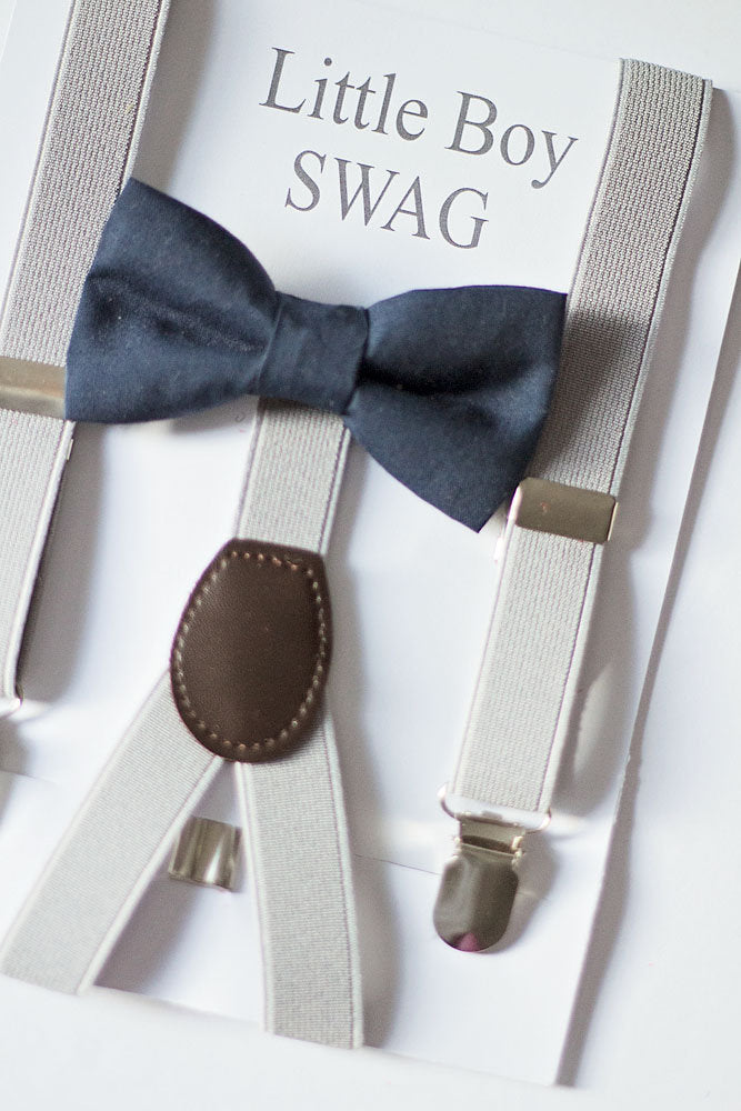 Navy Bow Tie Light Grey Suspenders Set - Toddler To Adult Sizes