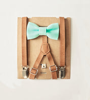 Mint Bow Tie Tan Leather Suspenders Set - Toddler To Adult Sizes