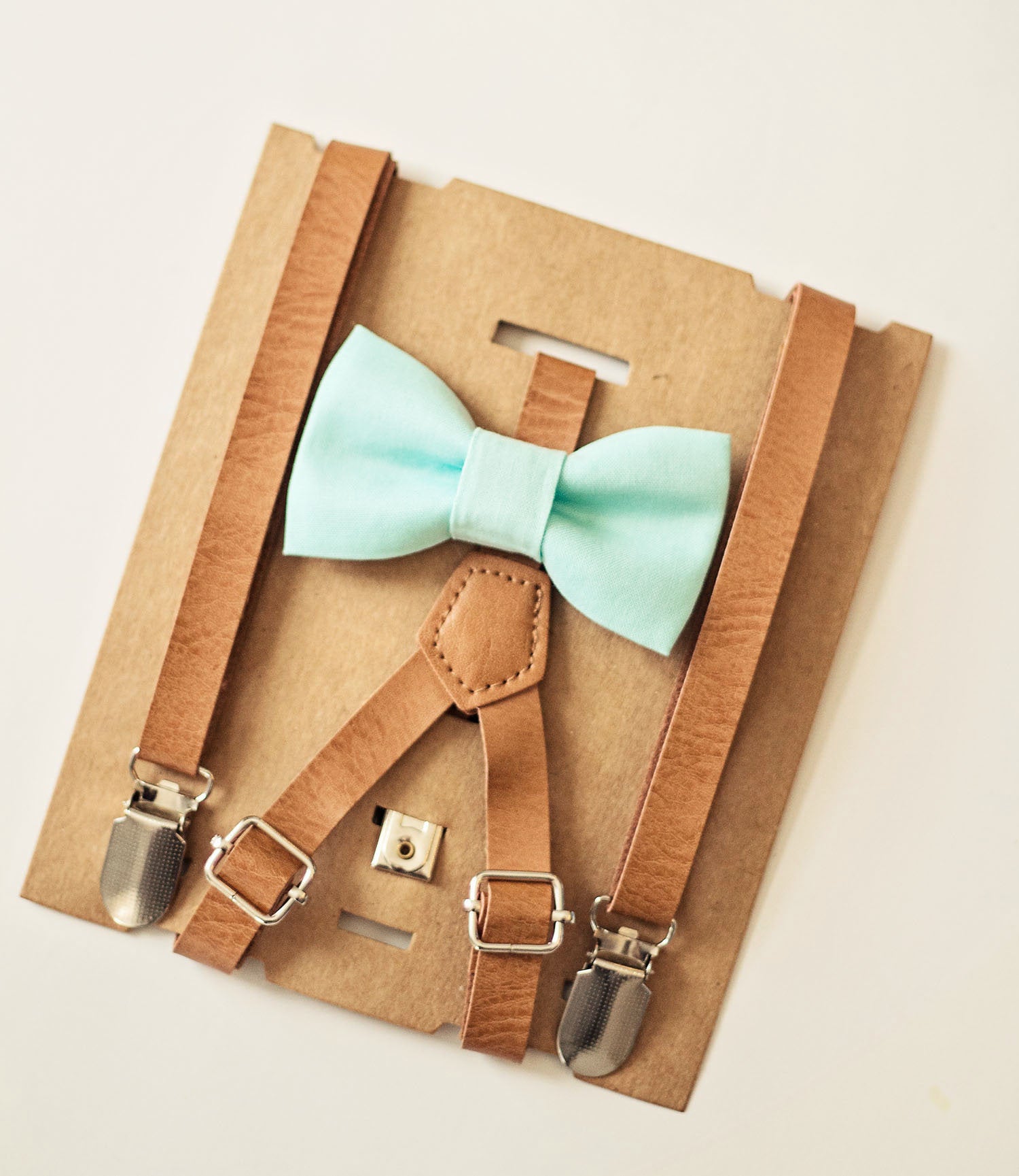 Mint Bow Tie Tan Leather Suspenders Set - Toddler To Adult Sizes