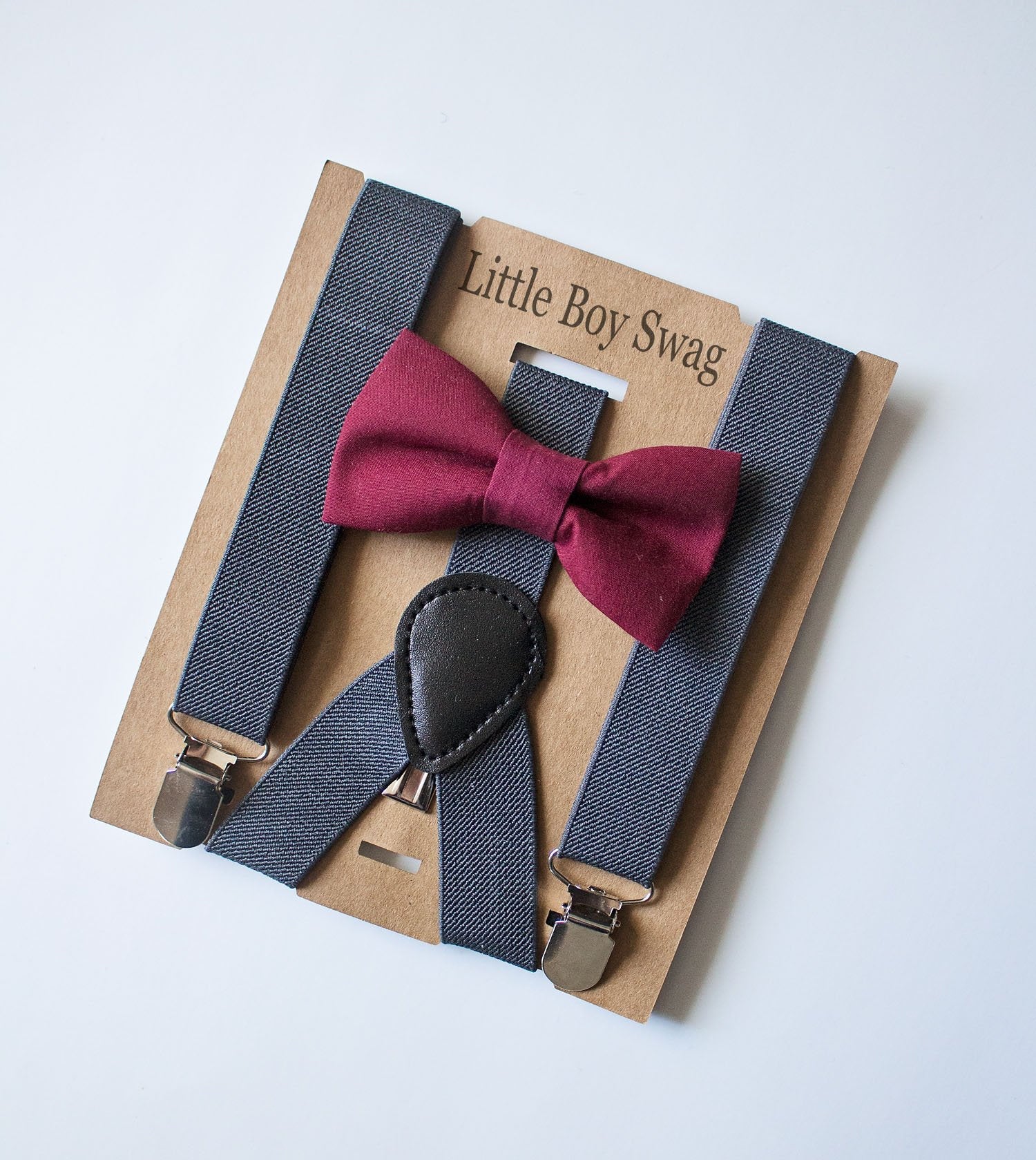 Burgundy Bow Tie Charcoal Suspenders Set - Toddler To Adult Sizes