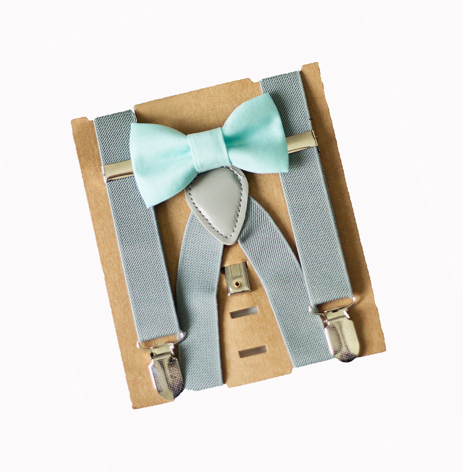 Mint Green Bow Tie Grey Suspenders Set - Toddler To Adult Sizes