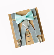 Mint Green Bow Tie Grey Suspenders Set - Toddler To Adult Sizes