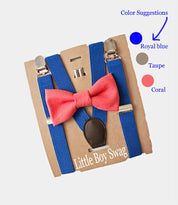 Coral Bow Tie Royal Blue Suspenders Set - Toddler To Adult Sizes