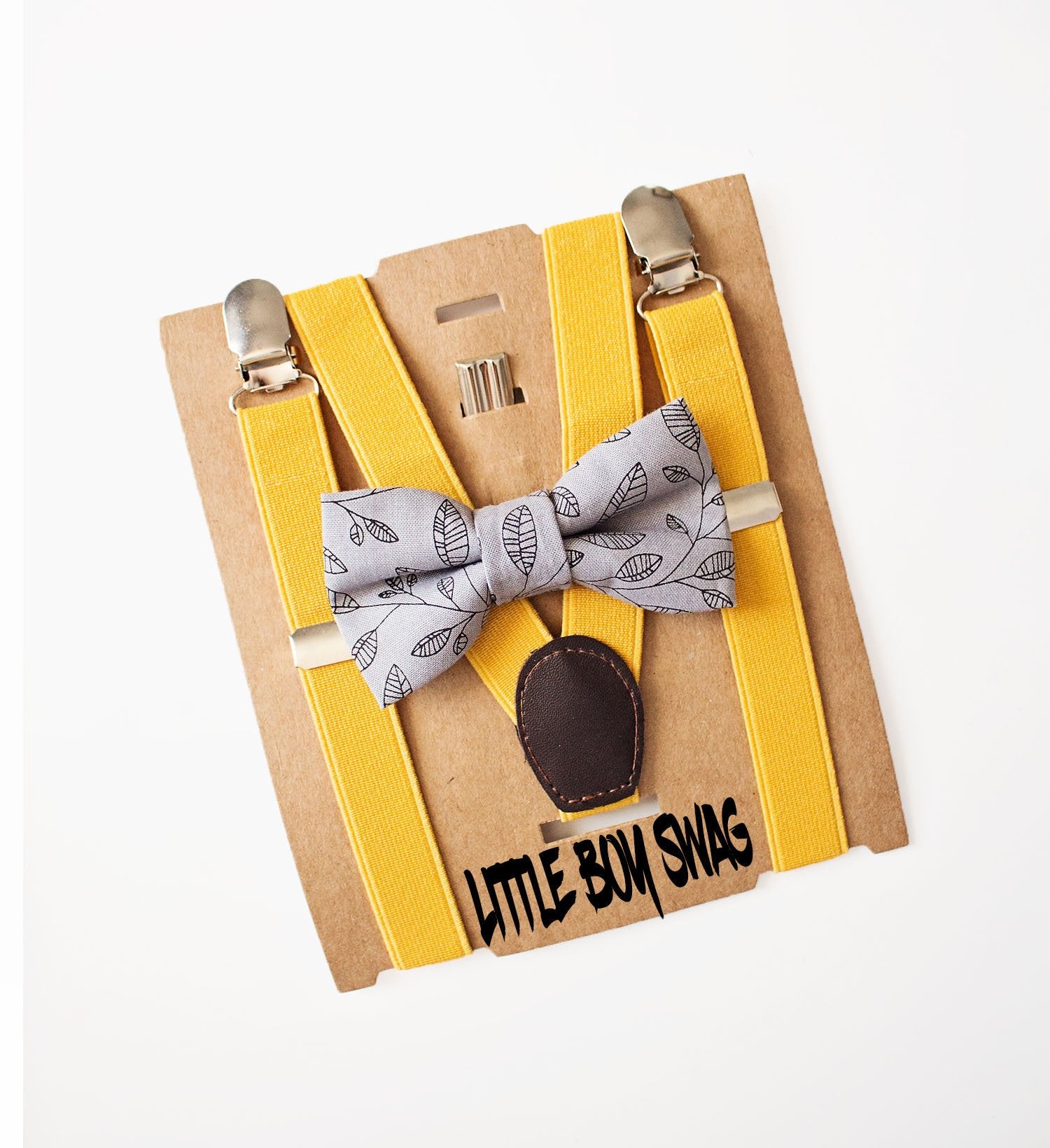 Grey Bow Tie Yellow Suspender Set -  Newborn To Adult Sizes