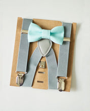 Mint Green Bow Tie Grey Suspenders Set - Toddler To Adult Sizes