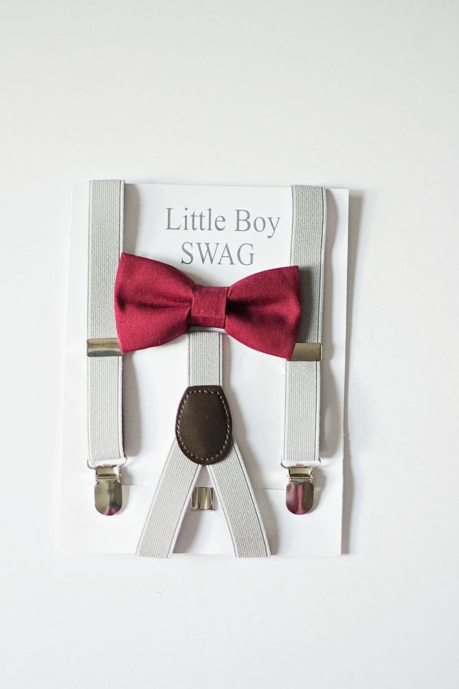 Marsala Bow Tie Grey Suspenders - Boys To Adult Sizes