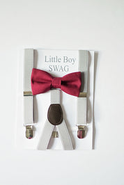 Marsala Bow Tie Grey Suspenders - Boys To Adult Sizes