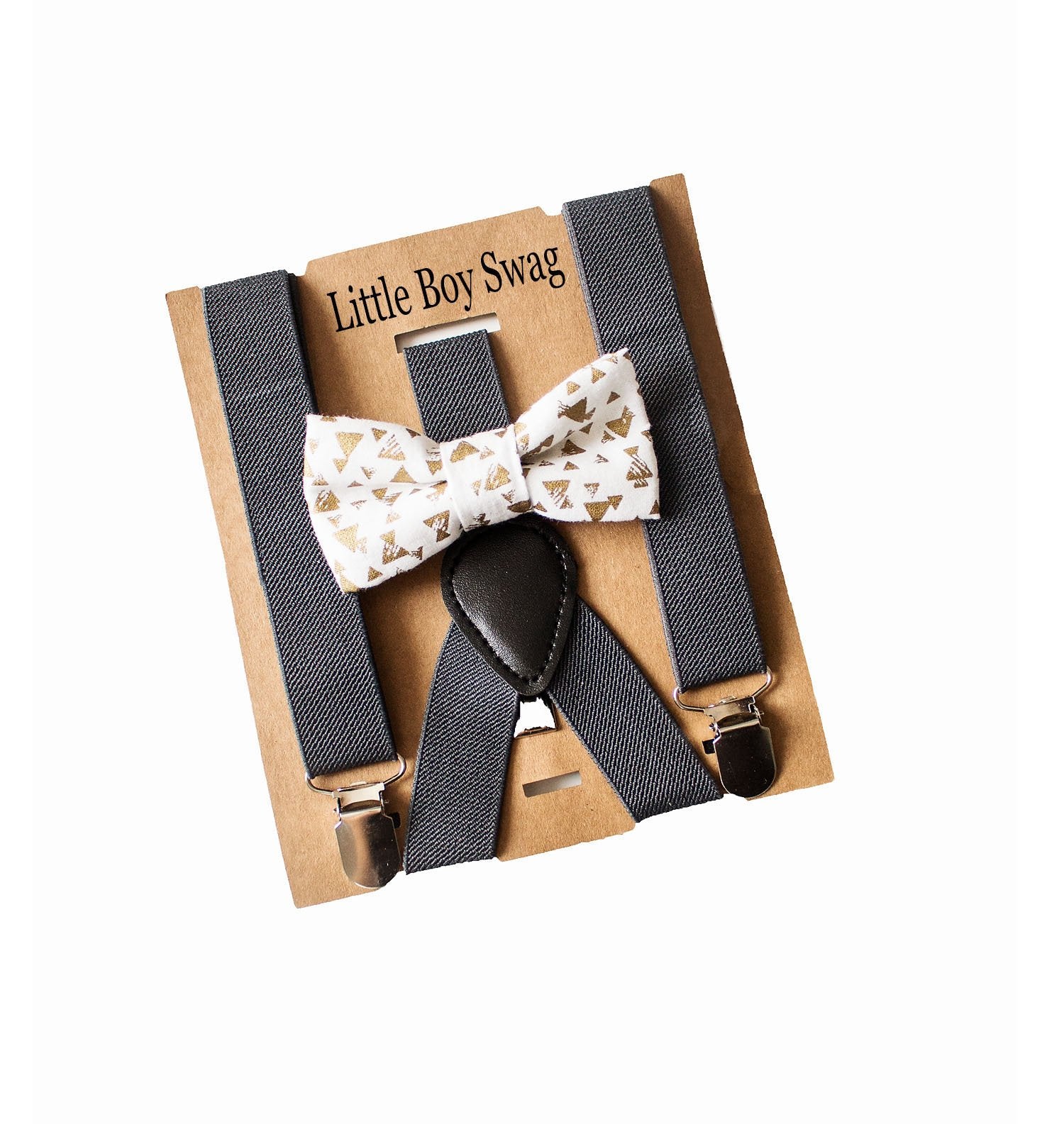Gold Bow Tie Charcoal Suspenders Set -  Infant To Adult Sizes