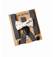 Gold Bow Tie Charcoal Suspenders Set -  Infant To Adult Sizes