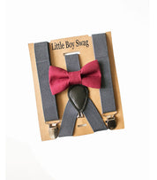 Wine Bow Tie Charcoal Grey Suspenders Set - Newborn To Adult Sizes