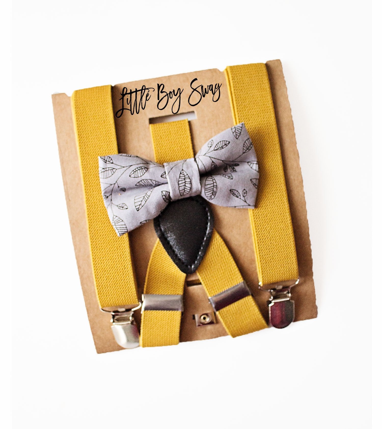 Grey Floral Bow Tie Mustard Yellow Suspender Set - Newborn To Adult Sizes