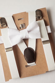 White Bow Tie Suspenders Set - Newborn To Adult Sizes