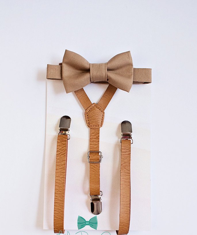 Handmade Men's Tan Brown Cotton Bow Tie, Suspenders & Pocket Square Set – Classic Style, Made In Australia