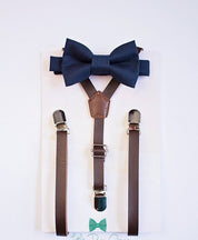 Navy Bow Tie Brown Leather Suspenders Set - Newborn To Adult Sizes