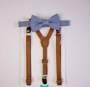Dusty Blue Bow Tie Tan Leather Suspenders - Boys To Men Sizes