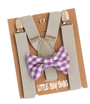 Lavender Gingham Bow Tie Light Grey Suspenders - Newborn To Adult Sizes